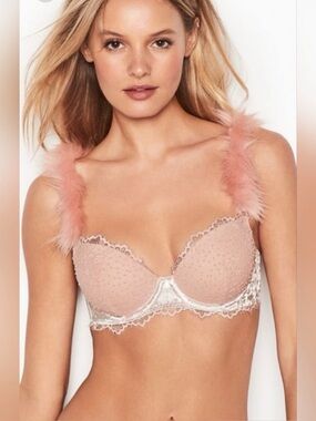 Victoria's Secret Dream Angels Faux Fur Straps Lace Demi Bra Pink 34D
